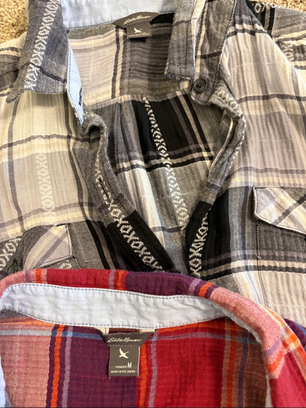 Eddie Bauer Women’s Plaid Button-Up Tops - Gray & Red Plaid